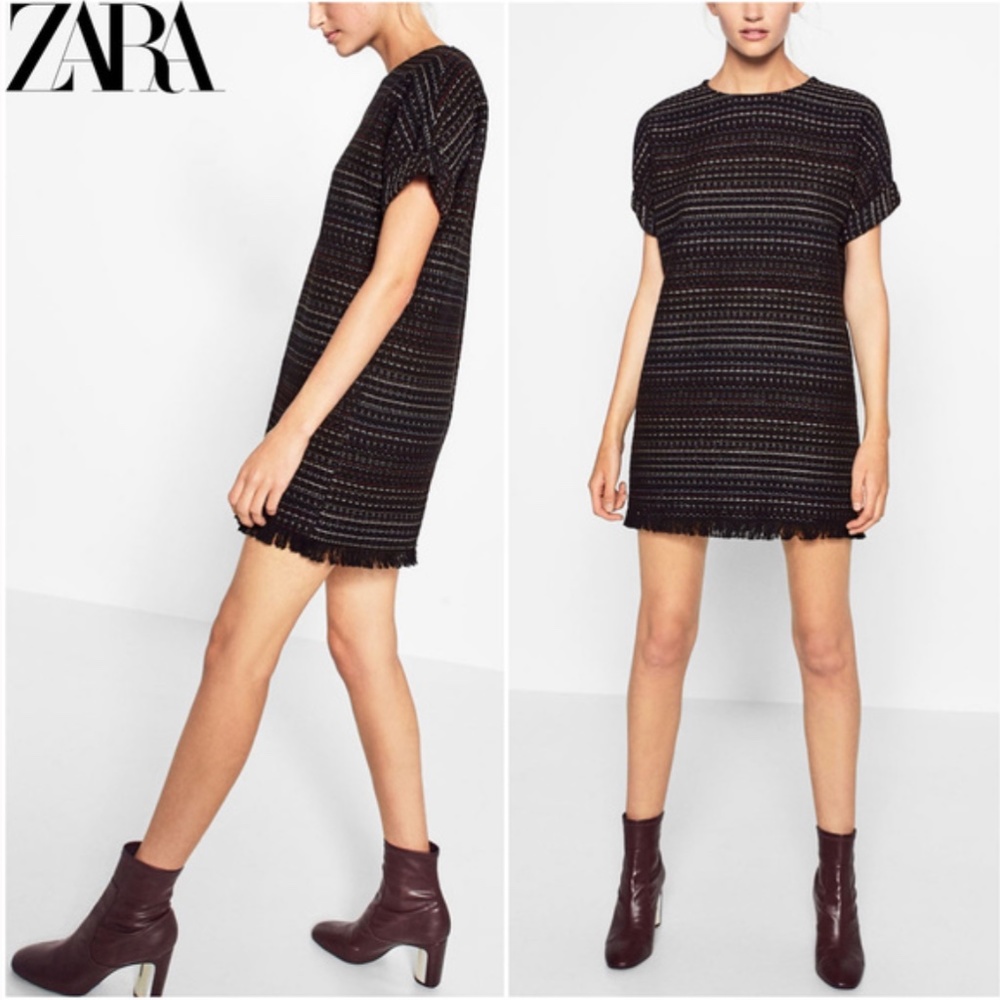 Zara Tweed Fray Hem Straight Cut Mini Dress